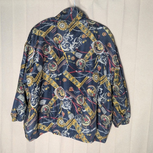 Lady C.A. Sport Jackets & Blazers - Lady CA Sport Vintage Silk Bomber Jacket 2X Navy Blue Baroque Chain Print Zip